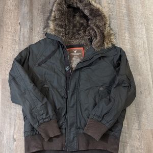 American Eagle Gray Bomber Coat Faux Fur Hood